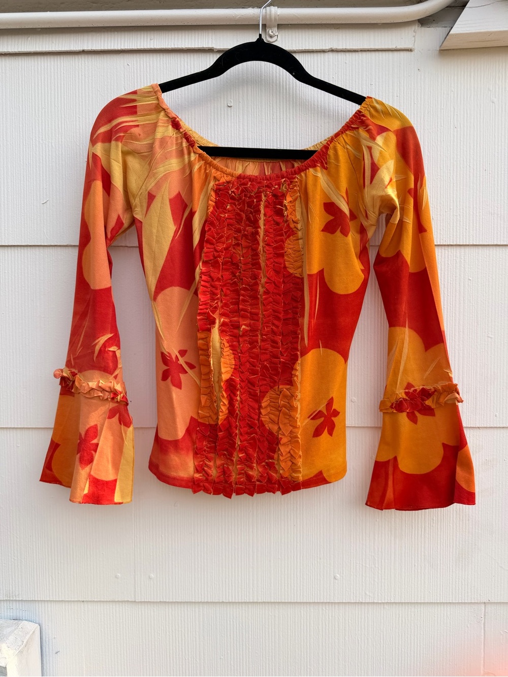 Vintage Hippie Y2K Floral Orange Red Bell Bottom Sleeve Top 70s 90s Retro